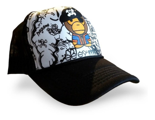 Gorra Trucker  Bicolor Con Diseño De Monito Pirata