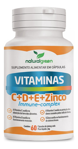Vitamina D + C + E + Zinco Immune-complex 60 Caps - 500mg Sabor Sem Sabor
