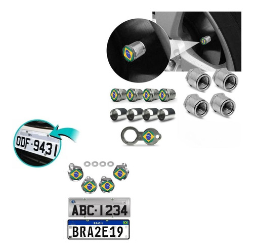 Kit Parafuso Placa + Tampa Bico Pneu Metal Bandeira Brasil