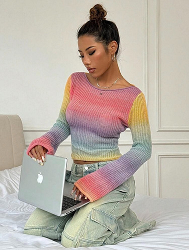 Sweater Top Lana Colorido Rainbow Casual Importado