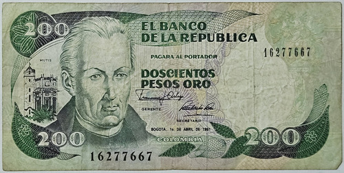 Billete 200 Pesos 01/abr/1991 Colombia Vf