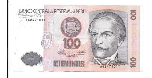 Liquido Billete De Perú.  100 Intis 1987