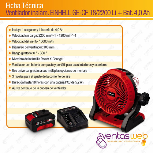 Imagen 9 de 10 de Ventilador Inalambrico 18v Einhell 18 Cm + Kit Bateria 4 Amp