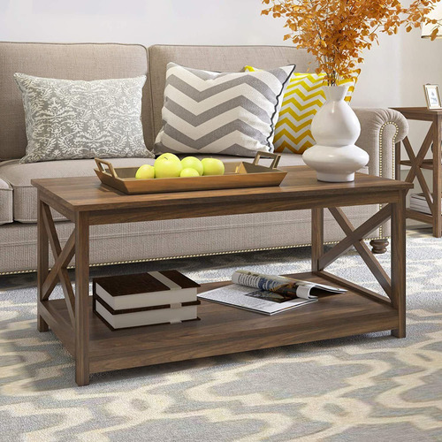Farmhouse Moderna Mesa De Café De Madera Con Estante De 2 Ni