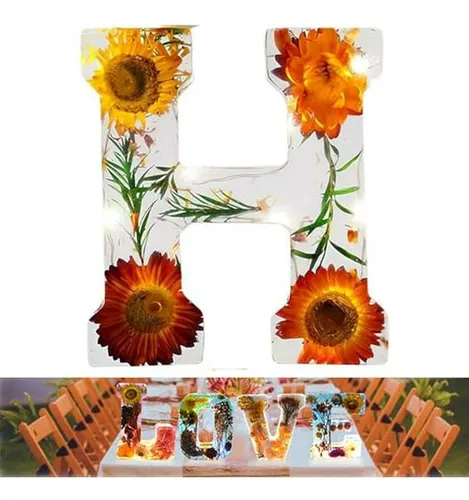 Letra De Resina Con Flores Prensadas Y Luz Led - Manualidade