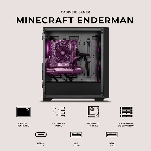 Gabinete Gamer Xtreme Pc Gaming Minecraft Enderman Edition Micro Torre Micro Atx 4 Fan Argb Usb-c Cristal Templado Frente Intercambiable