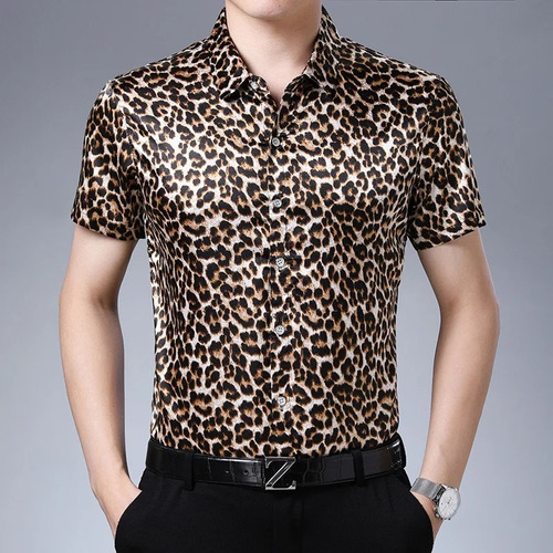 Camisa De Satén De Seda Con Estampado De Leopardo Para Hombr