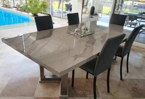 Mesa Comedor 200x100 Spl Calacata 6mm Base Acero Inoxidable