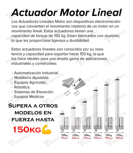 Tecneu Actuador Lineal Motor 150kg Torque 300mm 12v 3a 36w Aluminio