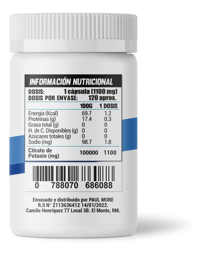 Imagen 2 de 5 de Citrato De Potasio 120 Cápsulas de 1100mg. Premium. Rinde 4 meses