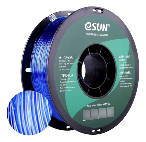 Filamento Esun Premium Tpu-95a 1.75mm, 1kg Color Azul Transparente