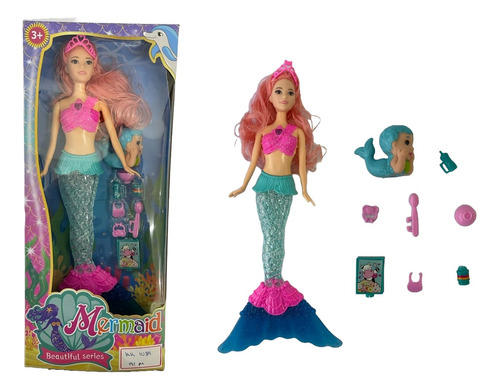 Boneca Sereia Luzes, Brilhos E Com 8 Acessórios Da Barbie