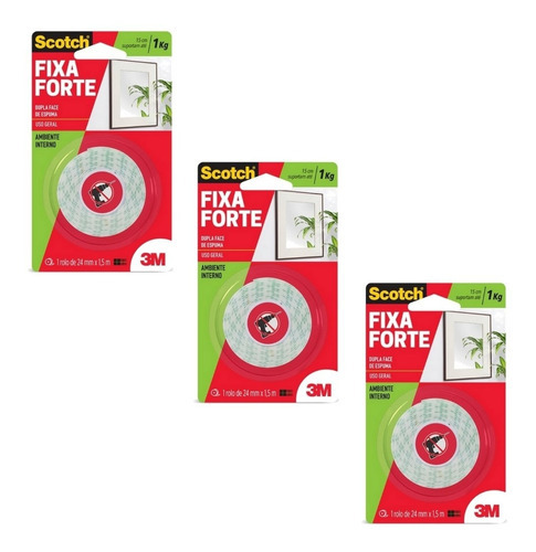 Kit 3 Fita Dupla Face Espuma Scoth 24mm X 1,5m 3m