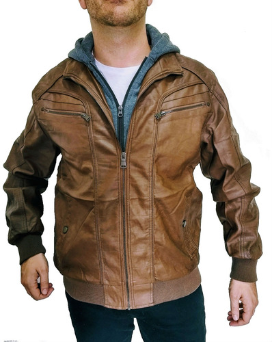 jaqueta de couro com capuz de moletom masculina