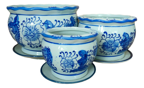 Juego De 3 Macetas De Porcelana Azul Y Blanco Con Platill