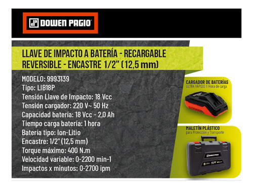 Imagen 6 de 11 de Llave De Impacto Bateria Ion Litio 18v Dowen Pagio
