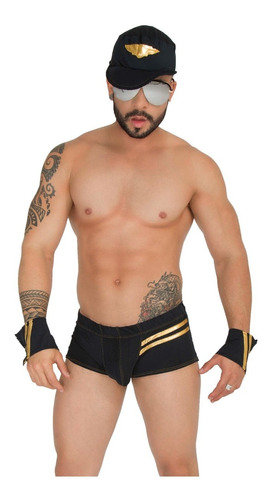 Sexy Conjunto De Boxer Para Hombre Estilo Piloto Con Gorra Y Puños Tela Stretch Ajustable Stripper 25