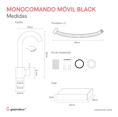 Imagen 5 de 5 de Canilla Cocina Griferia Movil Black Monocomando Kübel Mesada Color Negro