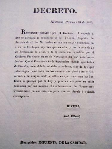 Documento  1830 Fructuoso Rivera Decreto Imprenta De Caridad