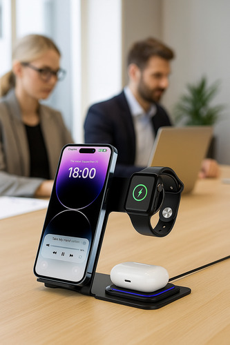 Carregador Por Indução Dobrável 3 Em 1 Dobrável Com Led Preto