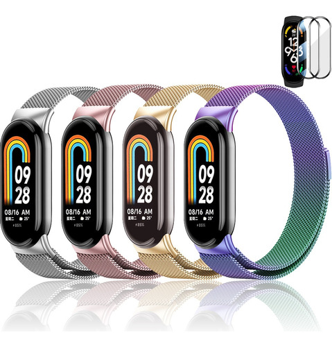 4 Correa Milanis Acero De Reloj + Mica Para Xiaomi Mi Band 8