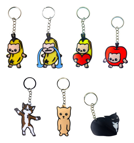 Pack 7 Llaveros Happy Cat Banana Cat Apple Cat Maxwell Cat Blanco