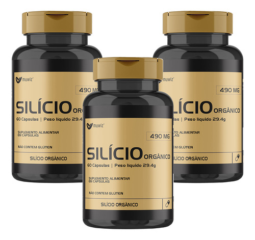 Kit 3 Suplemento Silício Orgânico 490mg 60 Cápsulas Muwiz Sabor Sem Sabor