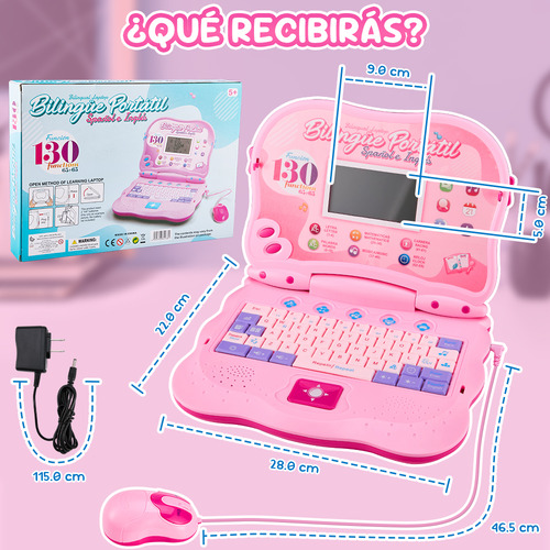 Computadora Laptop Niño Juguete Didáctica Español Ingles 130 Color Rosa