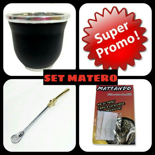  Promo !set Matero!mate Argentino Vidrio+bombilla Punto Rojo