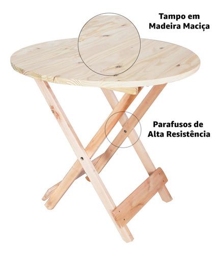 Mesa De Madeira Redonda 80cm Dobrável Rustico Sem Pintura