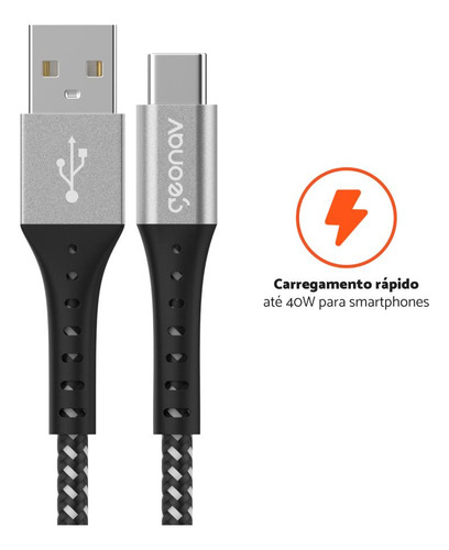 Cabo Usb-a Para Usb-c 1,2m Nylon Trançado Preto Geonav