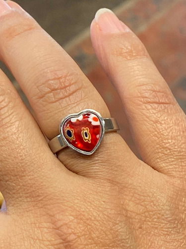 Luli Anillo Acero Cristal Murano Milefiori Corazón Rojo