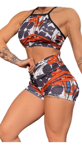 Conjunto Corto Terracota Flowers Fit De Lycra