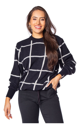 Blusa Feminina Biamar Tricot Xadrez Grid Preto