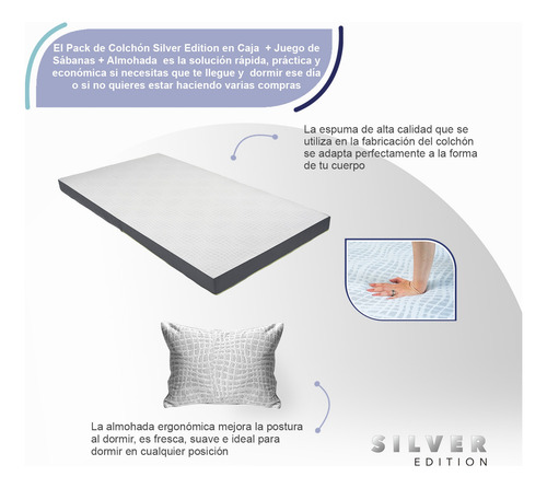 Colchón Individual En Caja 10 Cm + Juego Sábanas Y Almohada Blanco Con Gris
