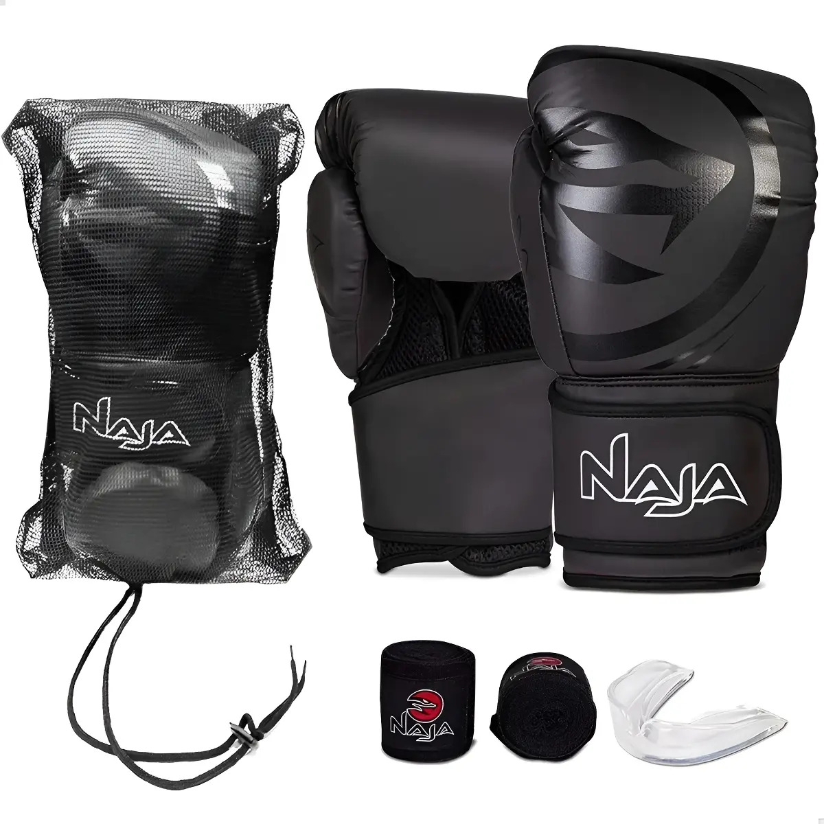 Kit Luva Boxe Muay Thai Naja Black Bandagem + Bucal Cor Preto Tamanho 12oz