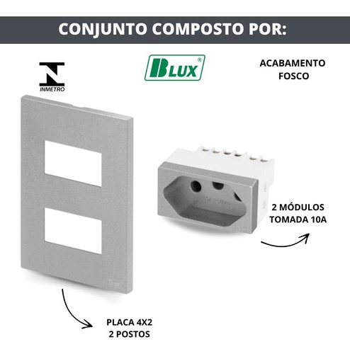 Conj 2 Tomadas 10a 2p+t Recta Satin Prata Blux 4x2