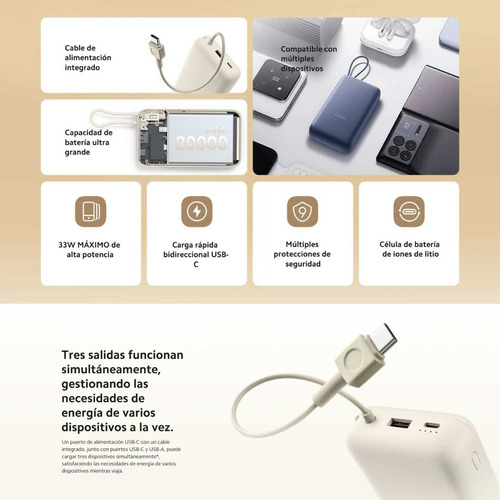 Cargador Portatil Mi Power Bank Xiaomi 33w 20000mah Nuevo Original Carga Rápida Compacto Con Cable Integrado Color Beige