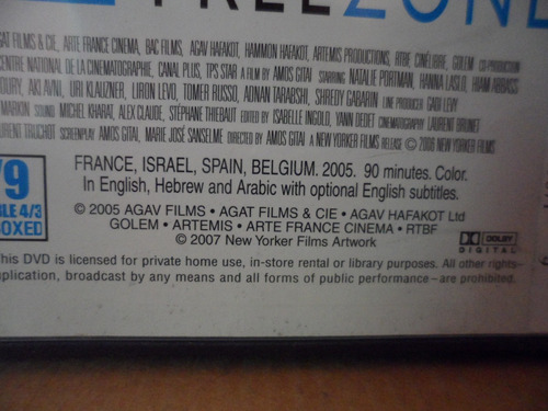 Free Zone Movie Import Dvd Natalie Portman Amos Gitai Israel (Usado)