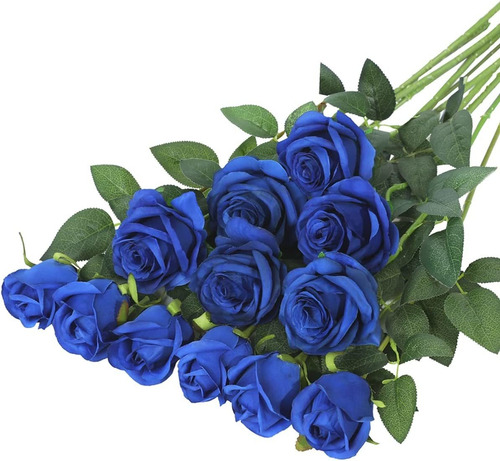 12 Rosas De Seda Artificiales Con Tallo Largo - Azul