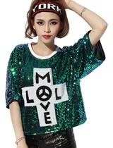 Comprar Blusa Crop Top Camiseta Corta Lentejuelas Manga Corta 