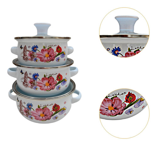 3pcs Esmaltpot Sopa De Sopa Profunda Y Manijas De Cocina