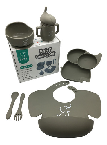 Set Elefante - Babero, Bowl, Plato, Cubiertos Y Vaso (6 Pz) Color Gris Oxford Elefante 6 piezas