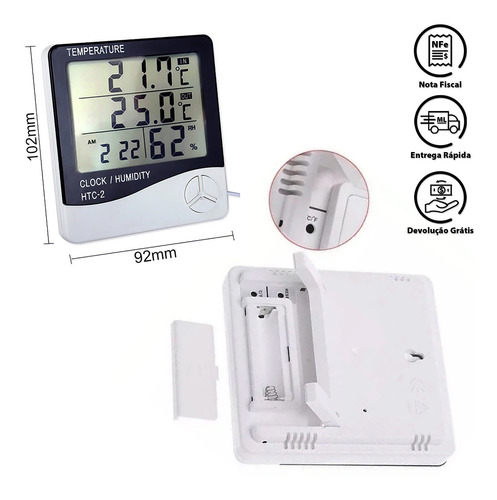 Imagem 2 de 5 de Termo Higrômetro Digital Relógio Termômetro Sensor Umidade