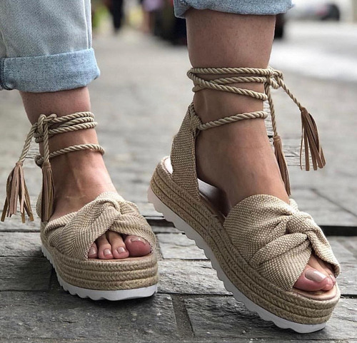 Sandália Flatform Feminino De Amarrar Corda Palha Cru | Mercado Livre