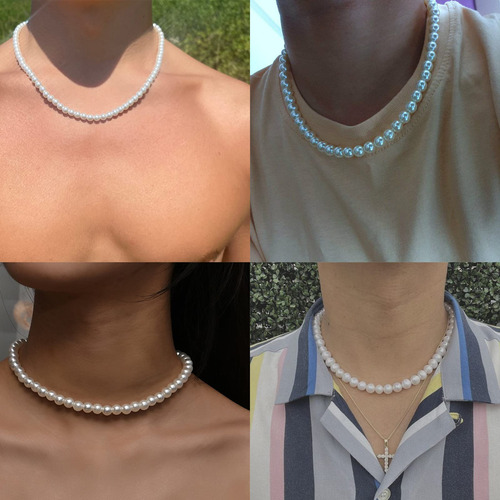Collar De Perlas Blancas Para Hombre 8 Mm Joyería Moderna