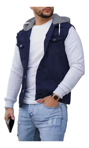 Colete Masculino Com Capuz Plus, Jeans, Patchwork, Streetwea