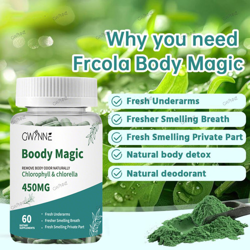 Gwynne Boody Magic Tabletas De Clorofila Natural Para El Olor Corporal Femenino Contiene 450 Mg De Clorofila Y Chlorella, Suplemento Desodorante Corporal Para Hombres Y Mujeres,60 Cápsulas