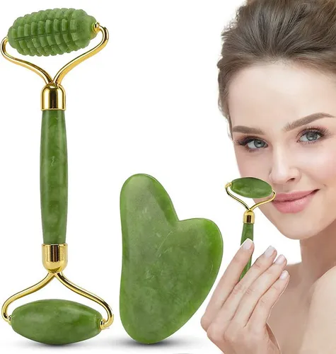 Rodillo Masaje Facial De Jade + Gua Sha Rejuvenece Kit