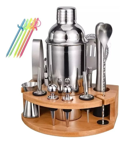 Kit Bartender Profesional Set Coctelera 17 Piezas Bar Madera